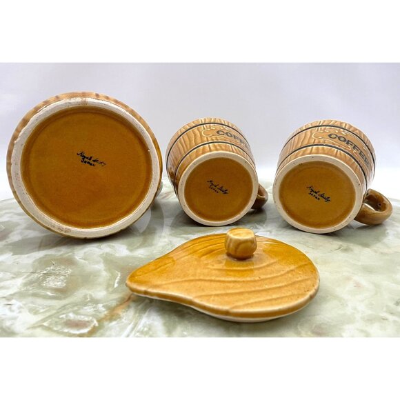 Vintage 60s coffee set, coffee pot & 2 cups, faux wood grain, Royal Sealy Japan - Picture 7 of 7